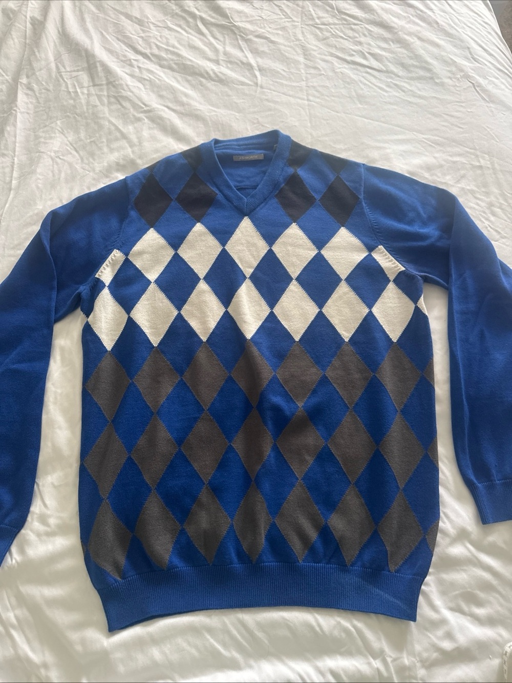 Ashworh Sz M Blue Argyle V-Neck Men's Sweater